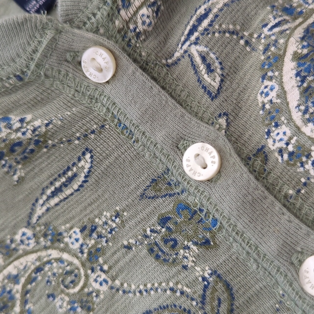CHAPS I Sage Green & Blue Paisley Print Cotton Button Front Henley Shirt Top, S - Picture 7 of 12